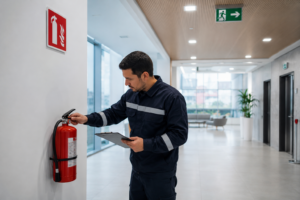 Técnico revisando extintores y sistemas de prevención de incendios.