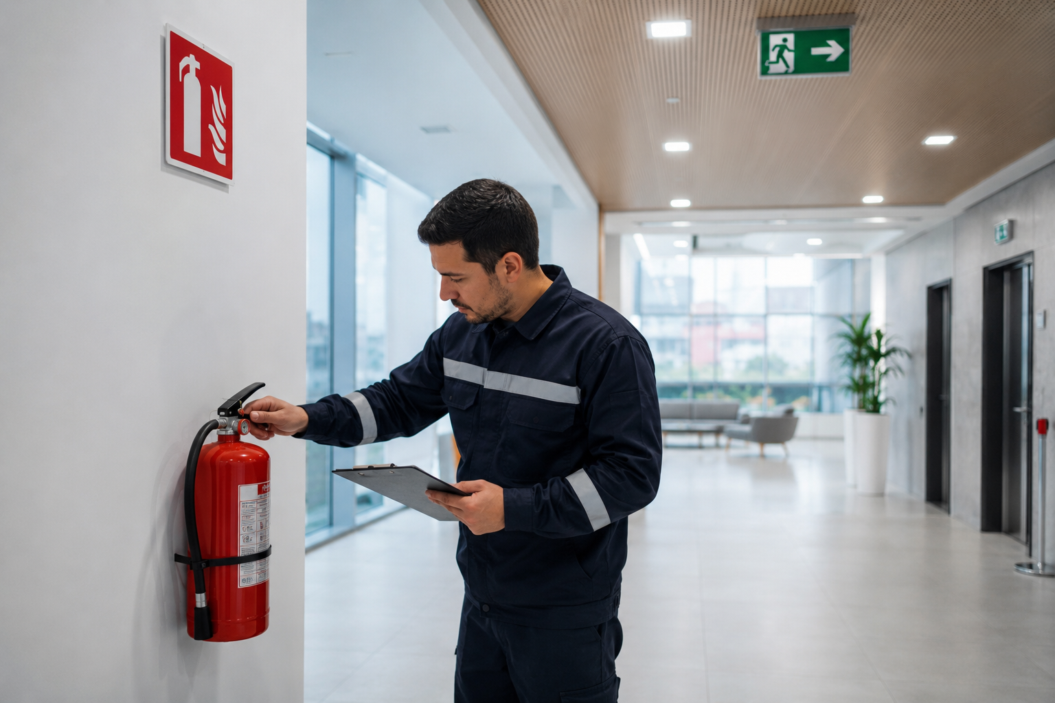 Técnico revisando extintores y sistemas de prevención de incendios.